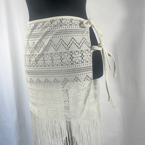 White fringe, crochet, bathing suit cover, 2 side ties, mesh design,Small - Picture 4 of 8